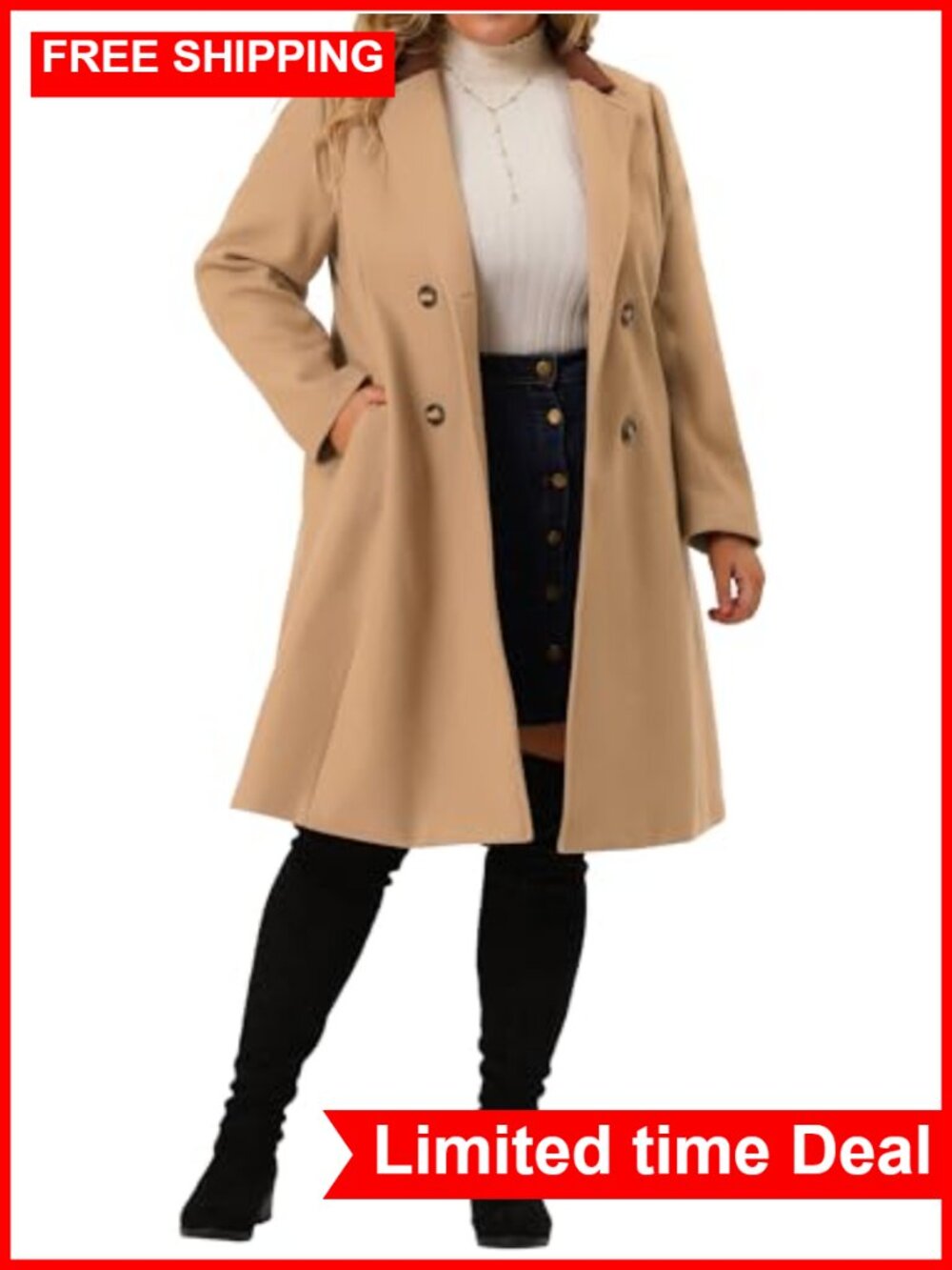 Plus Size Long Winter Pea Coat Notched Lapel Double Breasted